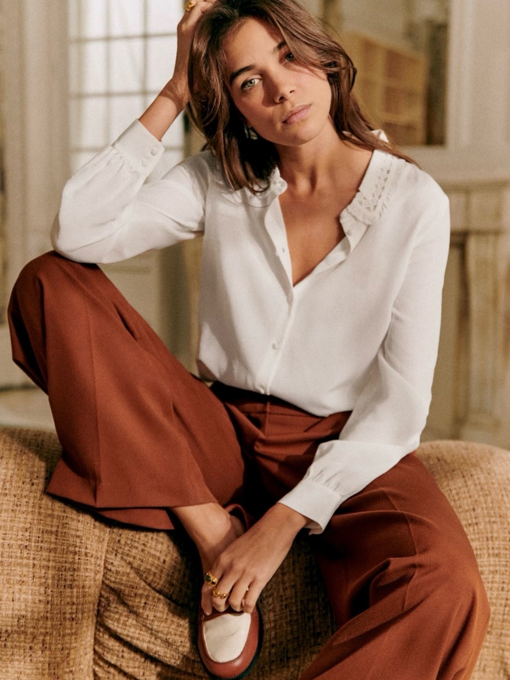Sezane White Button-Down Blouse with Delicate Collar